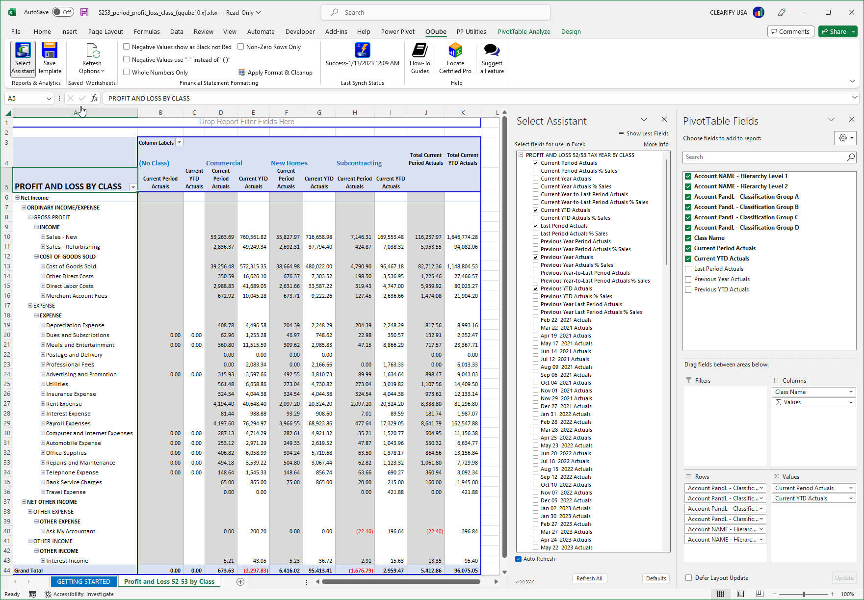 Custom QuickBooks Profit and Loss by Class for 52/53 Tax Year Report using Excel