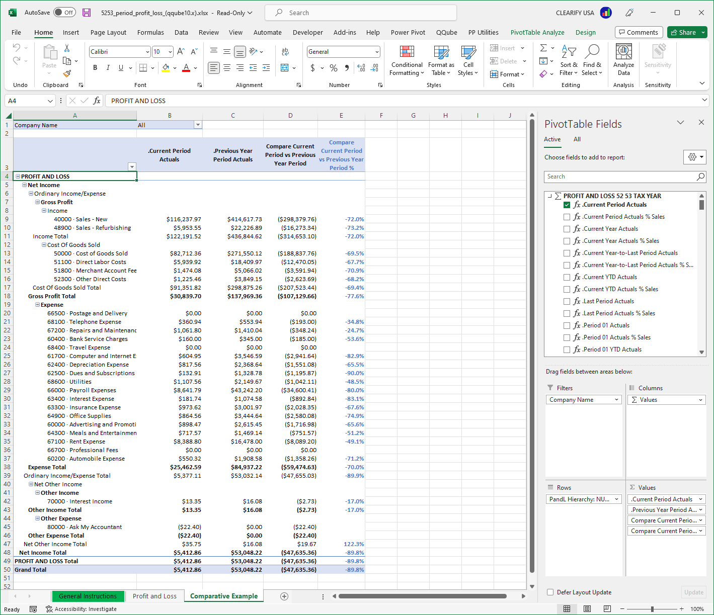 Custom QuickBooks Profit and Loss by Class for 52/53 Tax Year Report using PowerPivot