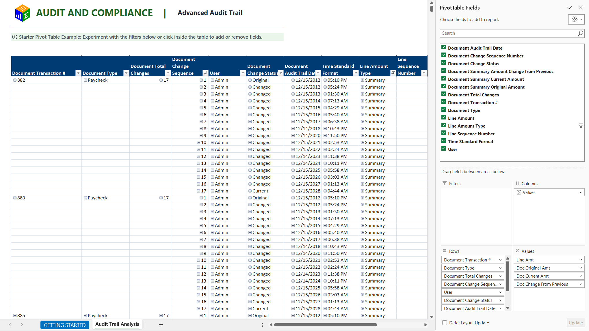 Excel Audit Trail detail report showing document and line changes