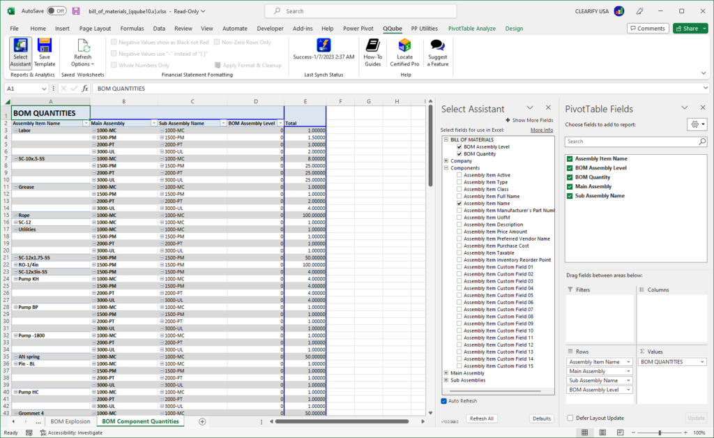 Custom QuickBooks Bill of Materials Report using Excel