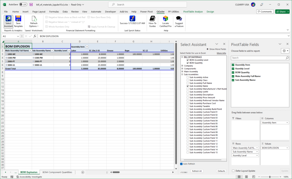 Custom QuickBooks Bill of Materials Explosion Report using Excel