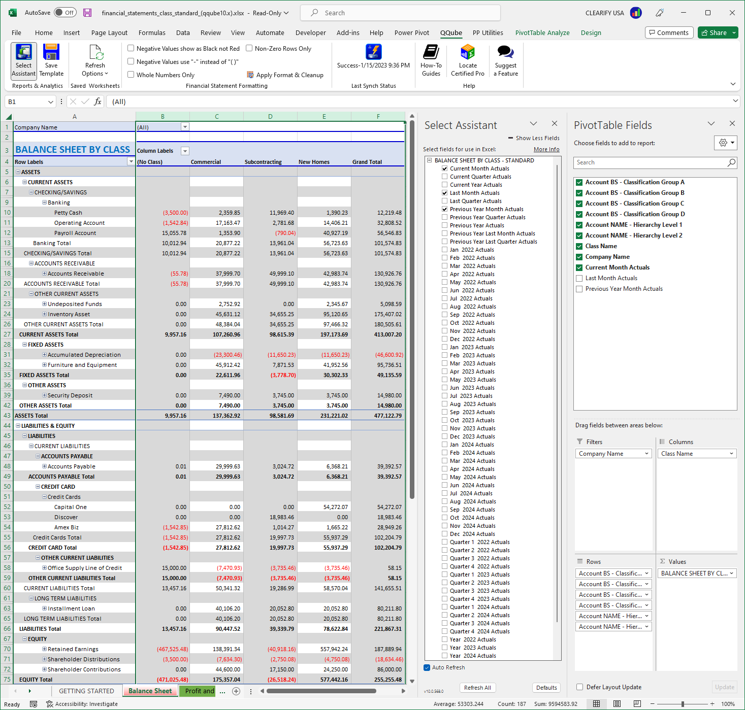 QuickBooks Balance Sheet by Class using Excel