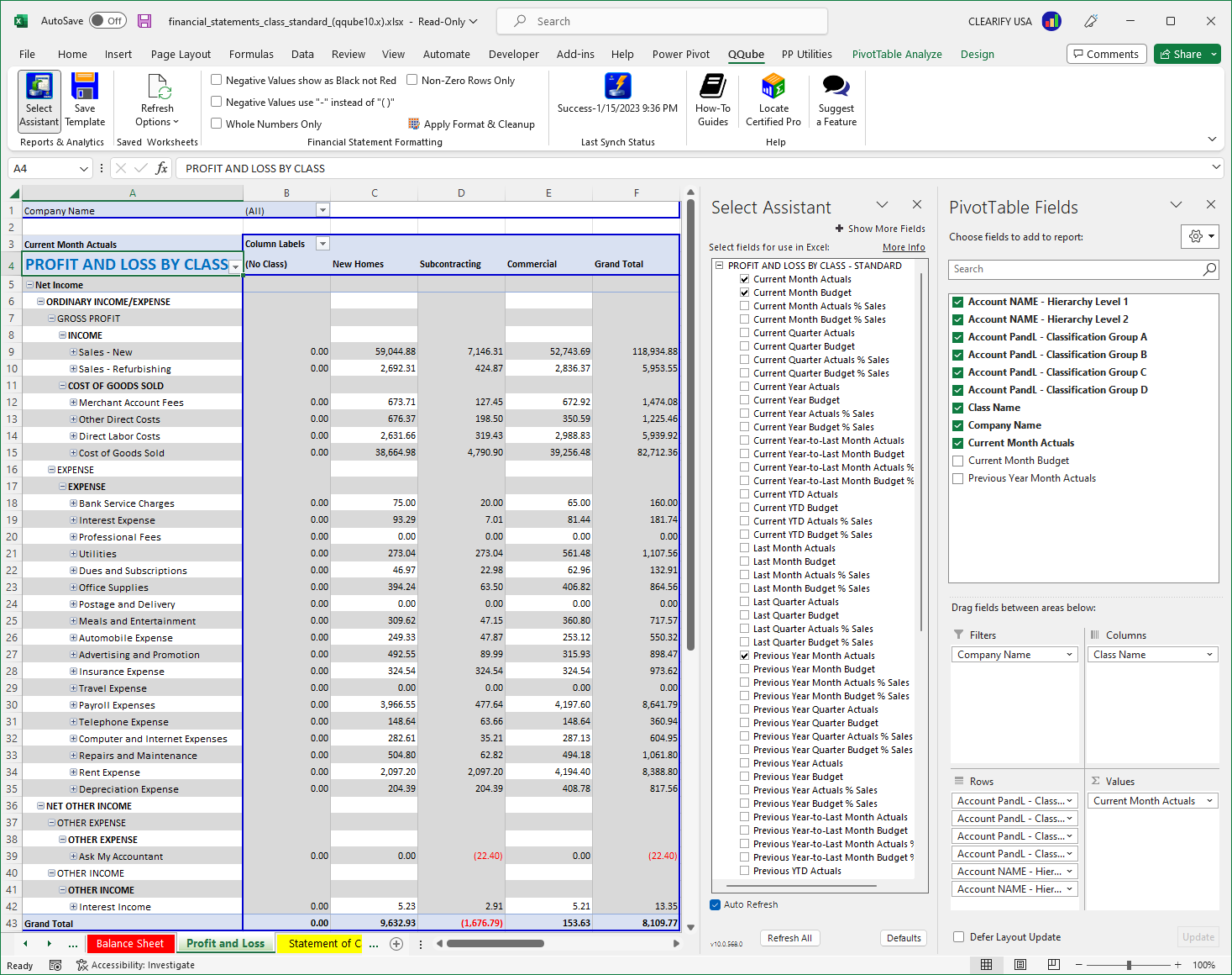 QuickBooks Profit and Loss Standard Report using Excel