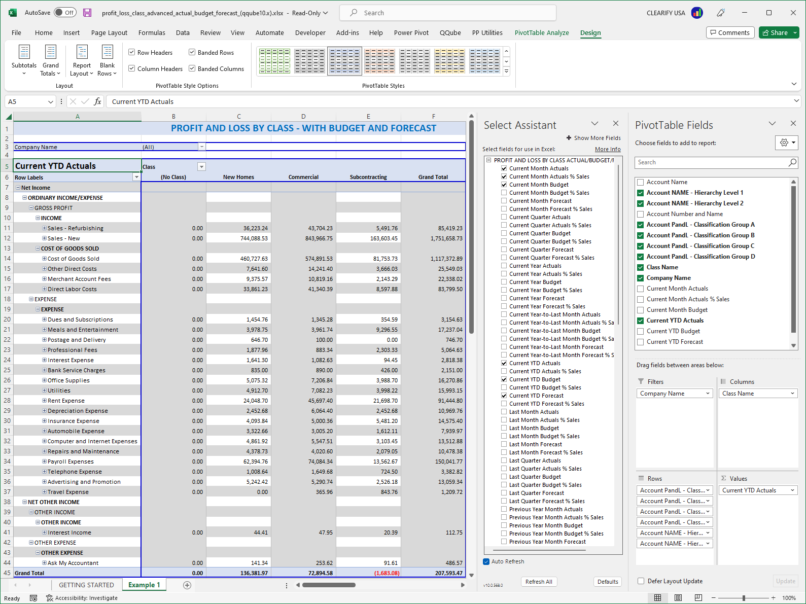 Custom QuickBooks Advanced Profit and Loss by Class Report using Excel