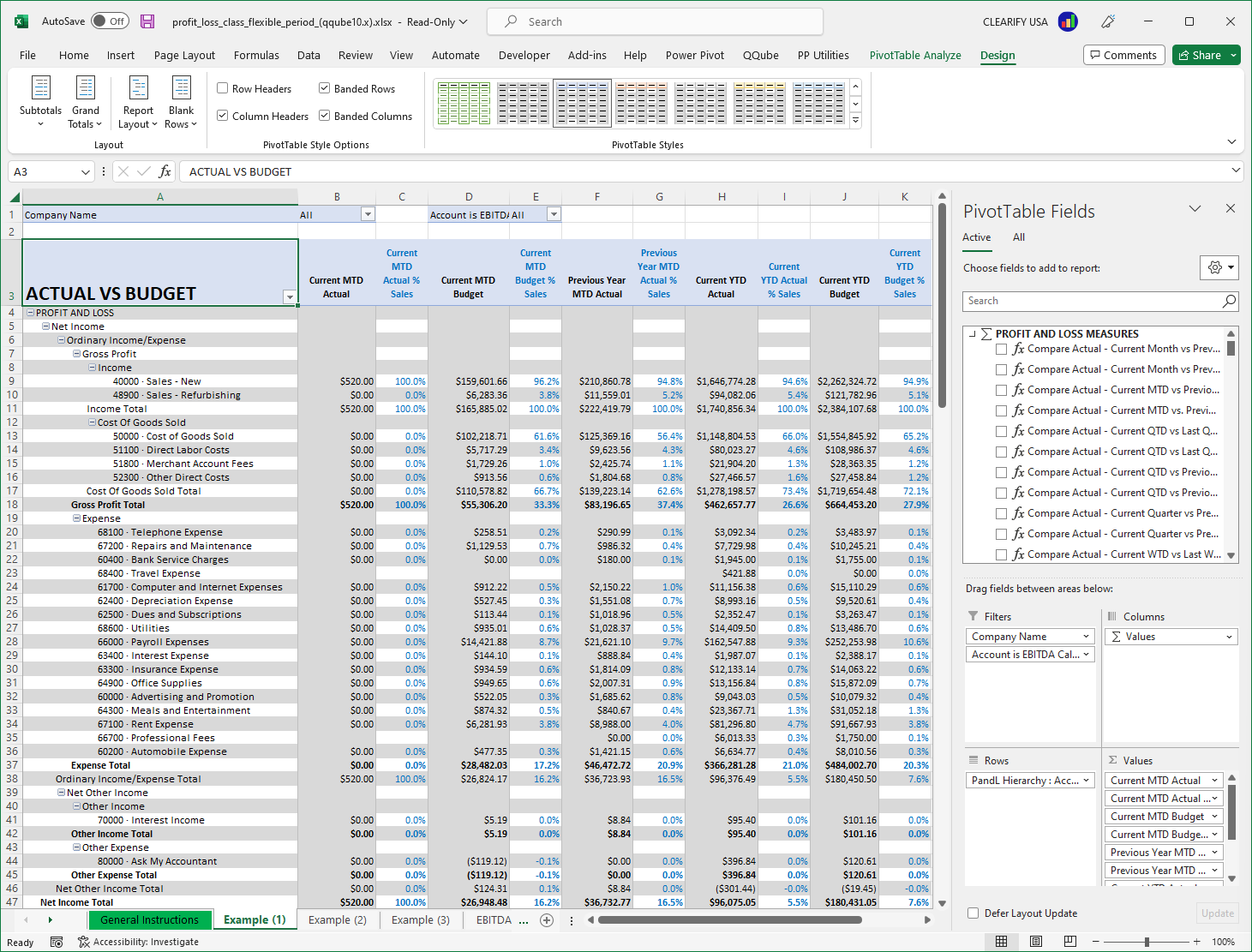 Custom QuickBooks Profit and Loss by Class Report using PowerPivot