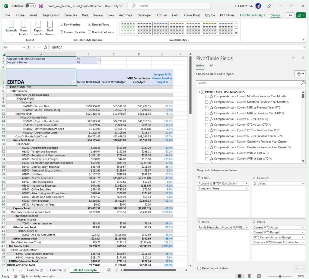 Custom QuickBooks Profit and Loss by Class with EBITDA Report using PowerPivot