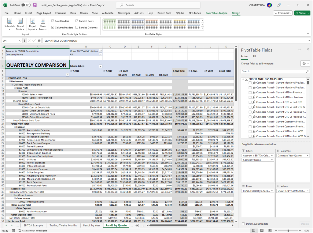 QuickBooks Profit and Loss by Class Report using PowerPivot