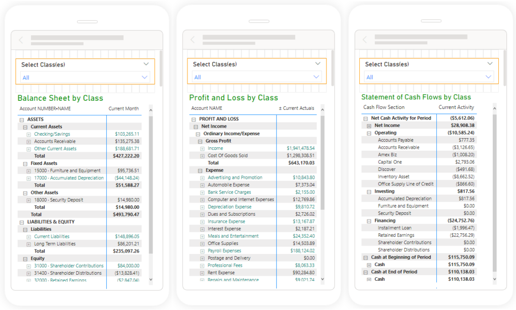 QuickBooks Financial Statements by Class on Mobile using Power BI