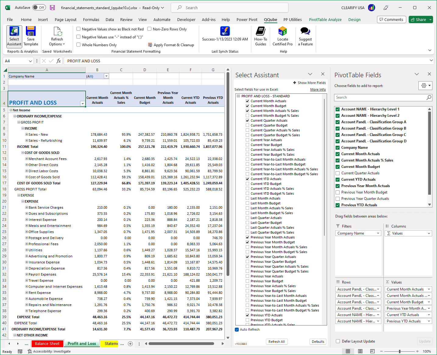 QuickBooks Profit and Loss Standard Report using Excel