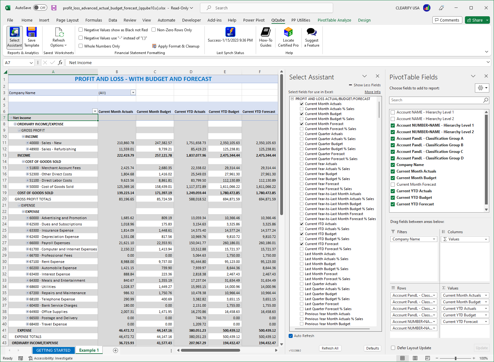 Custom QuickBooks Advanced Profit and Loss Report using Excel