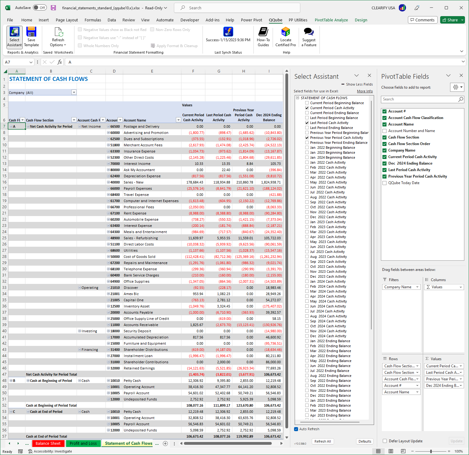 Custom QuickBooks Statement of Cash Flows Report using Excel