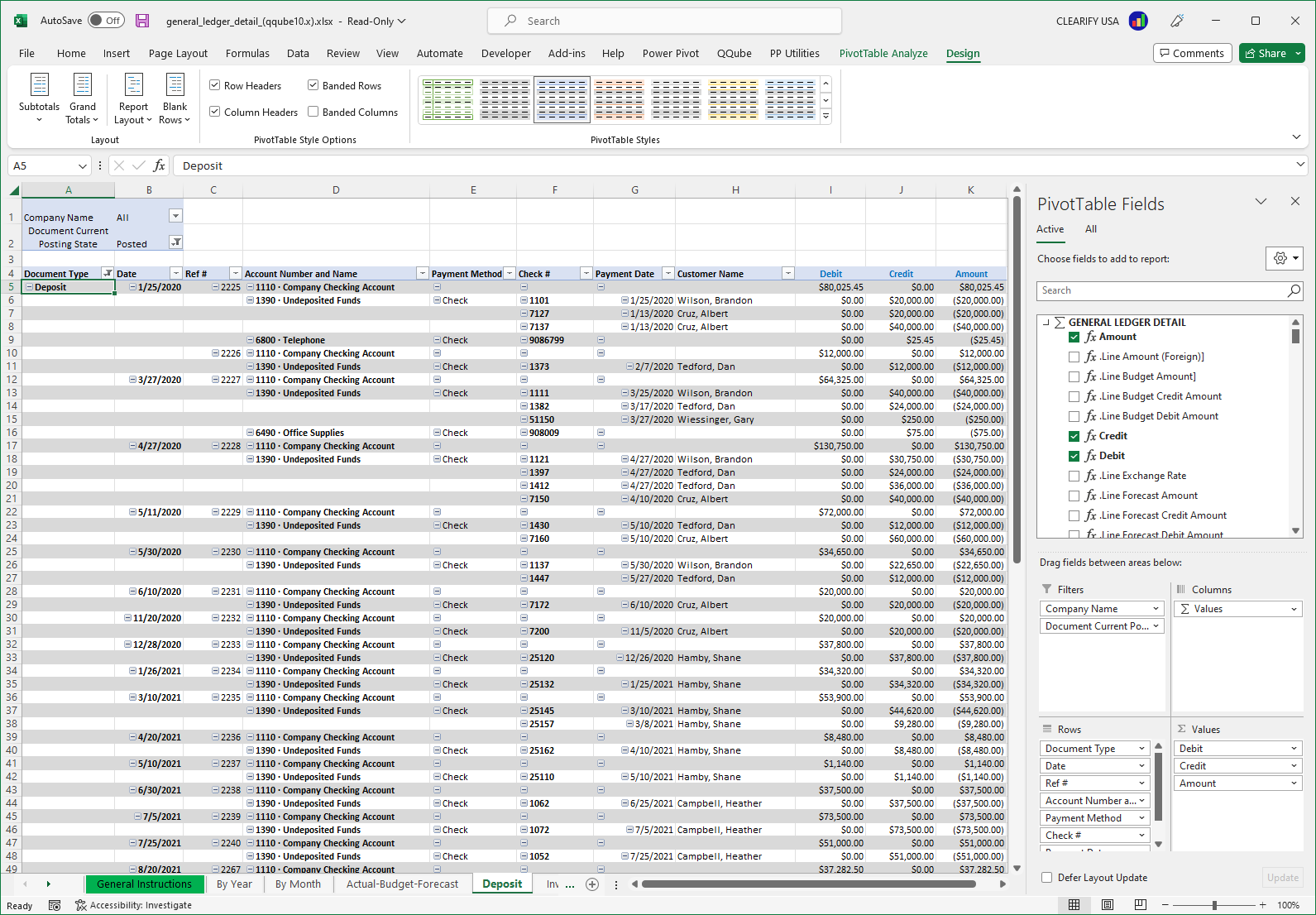 Custom QuickBooks General Ledger Deposit Activity Report using PowerPivot