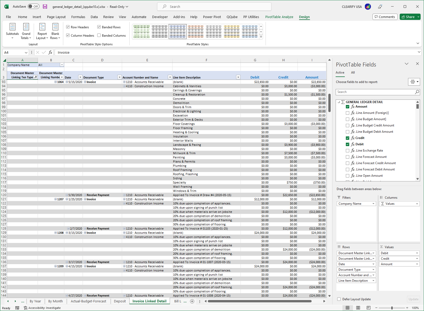 Custom QuickBooks General Ledger Linked Transactions Report using PowerPivot