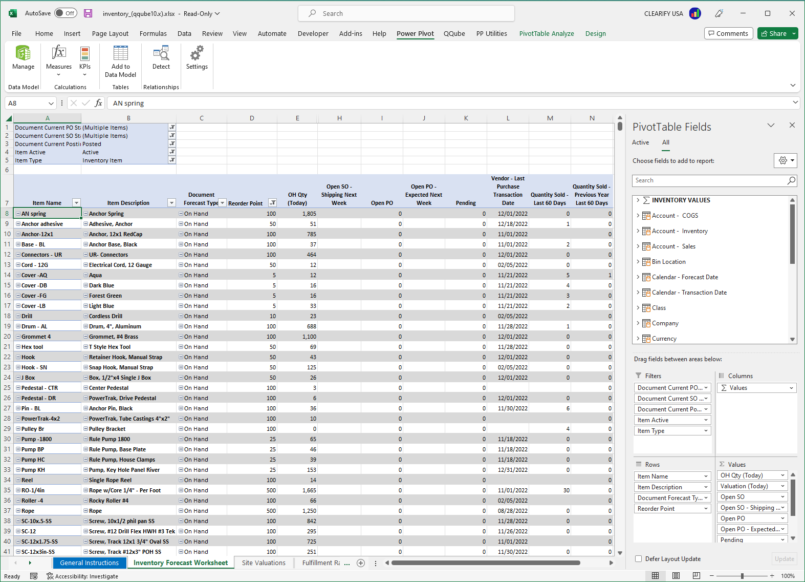 Custom QuickBooks Inventory Forecast Report using PowerPivot