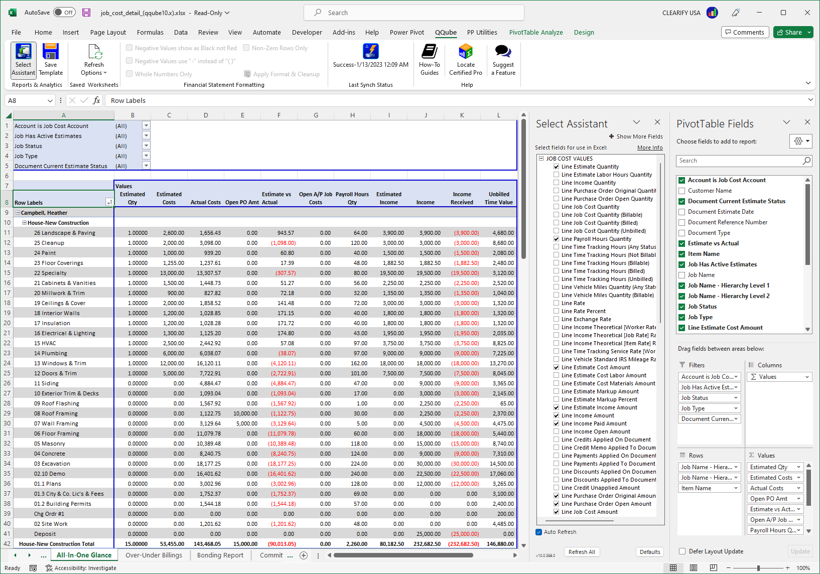 QuickBooks Job Cost Report in Excel using QQube