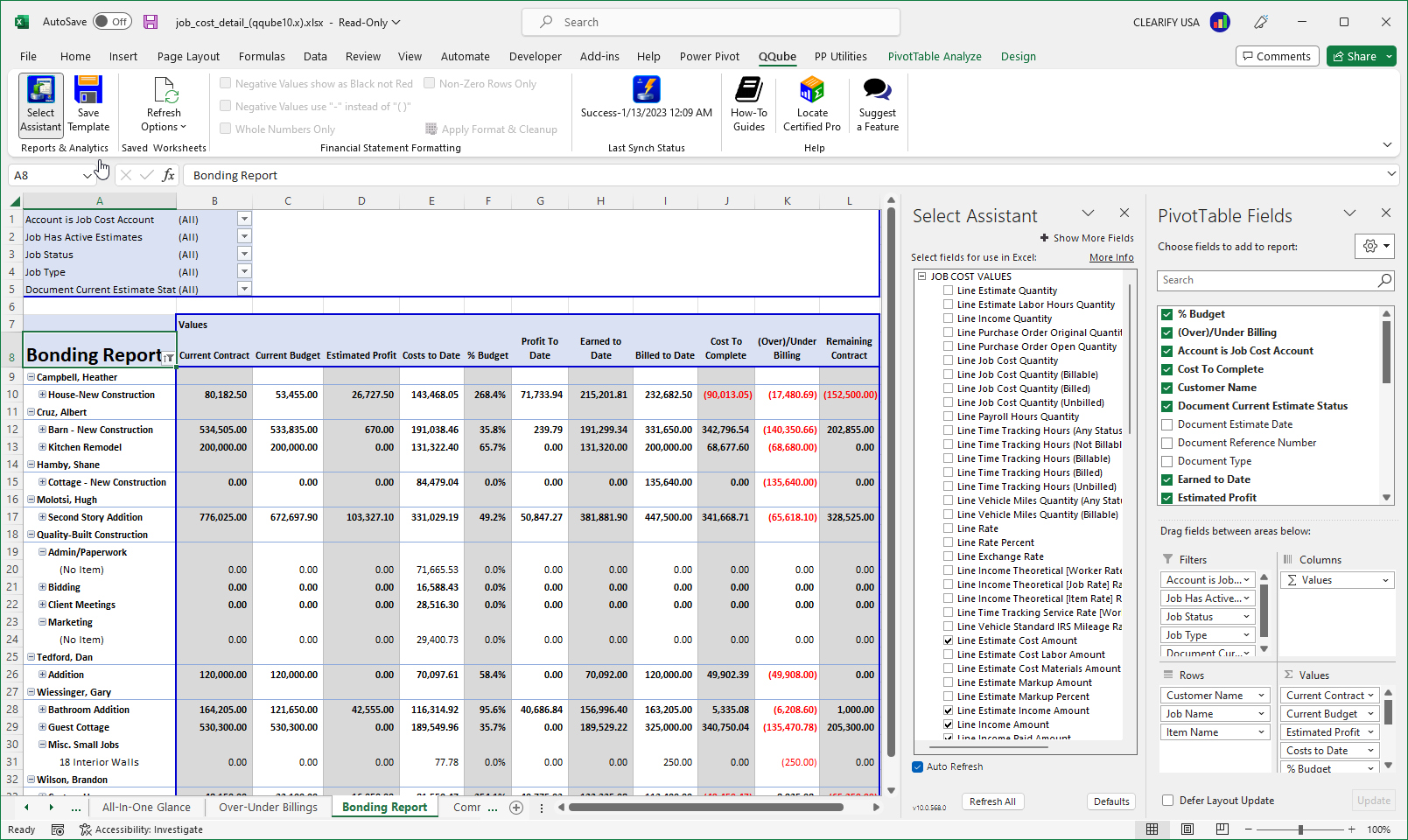 Custom QuickBooks Job Cost Bonding Reports using Excel