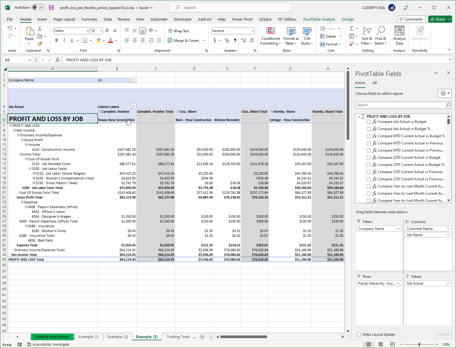 Custom QuickBooks Profit and Loss by Job Report using PowerPivot