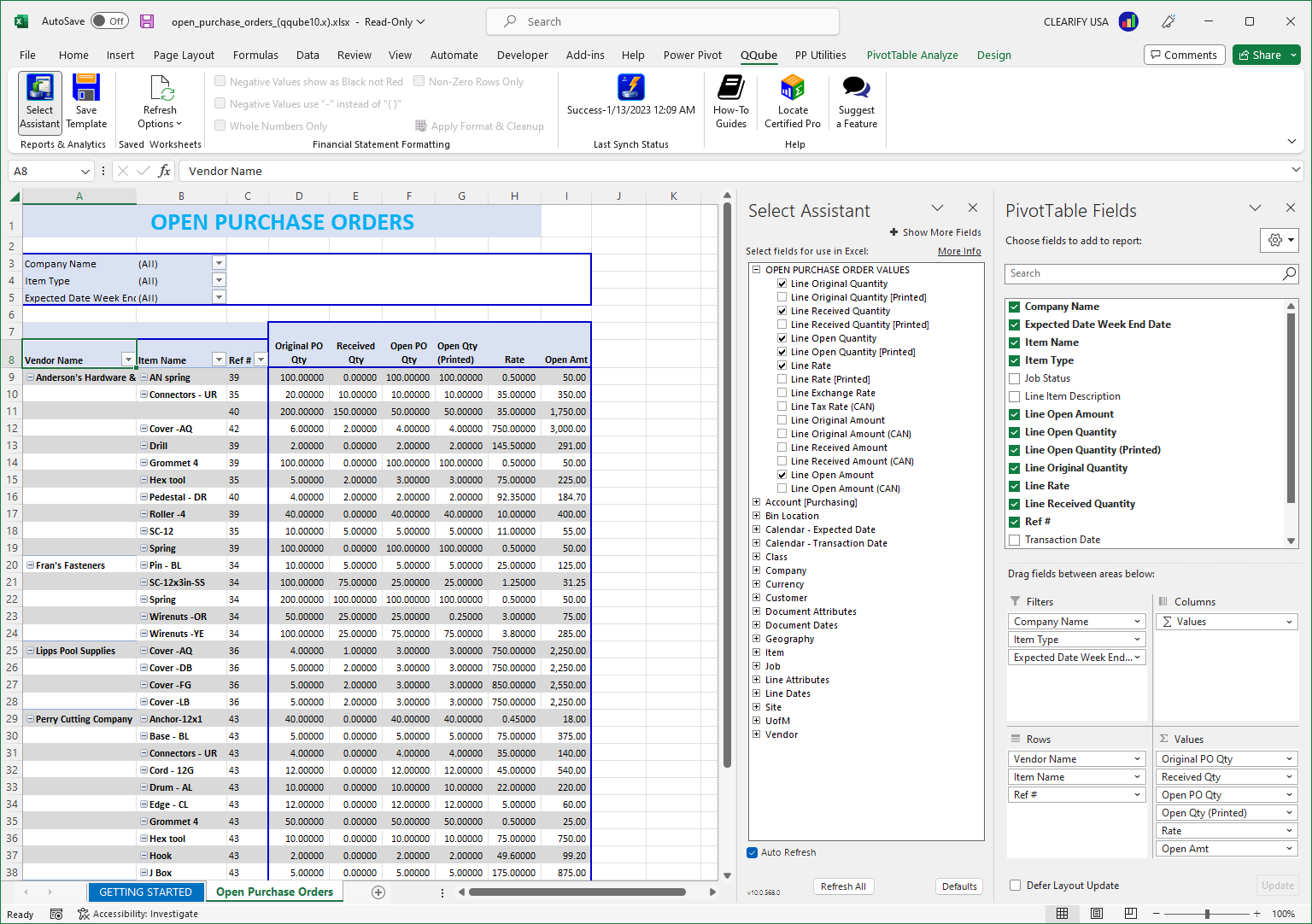 Custom QuickBooks Open Purchase Orders Report using Excel