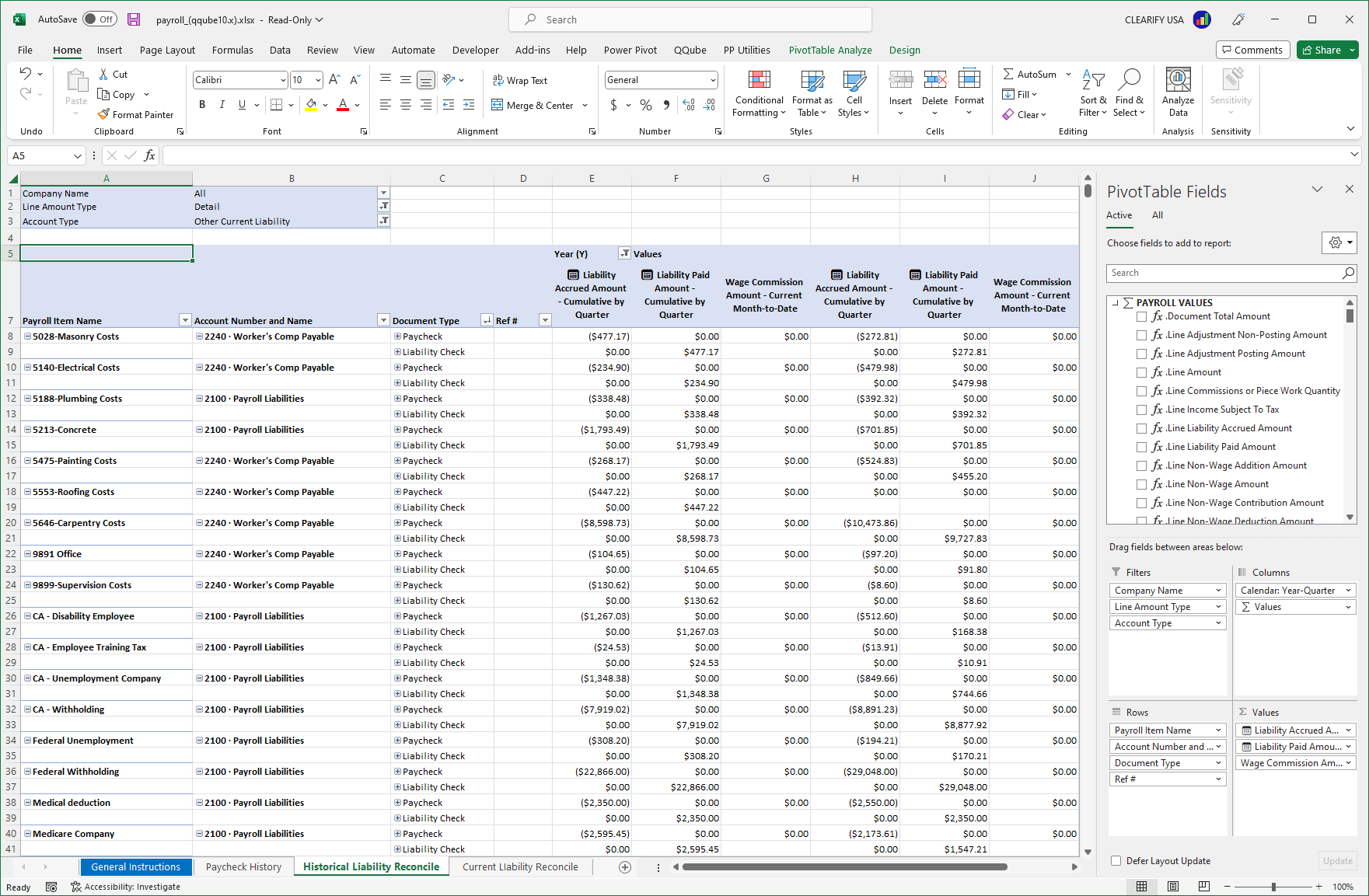 Custom QuickBooks Payroll Liabilities Reconciliation Report using Excel