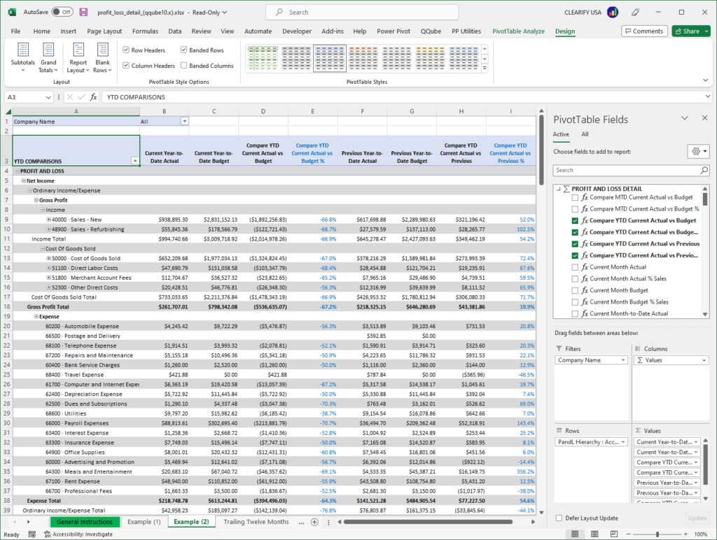 Custom QuickBooks Profit and Loss Detail Report using PowerPivot