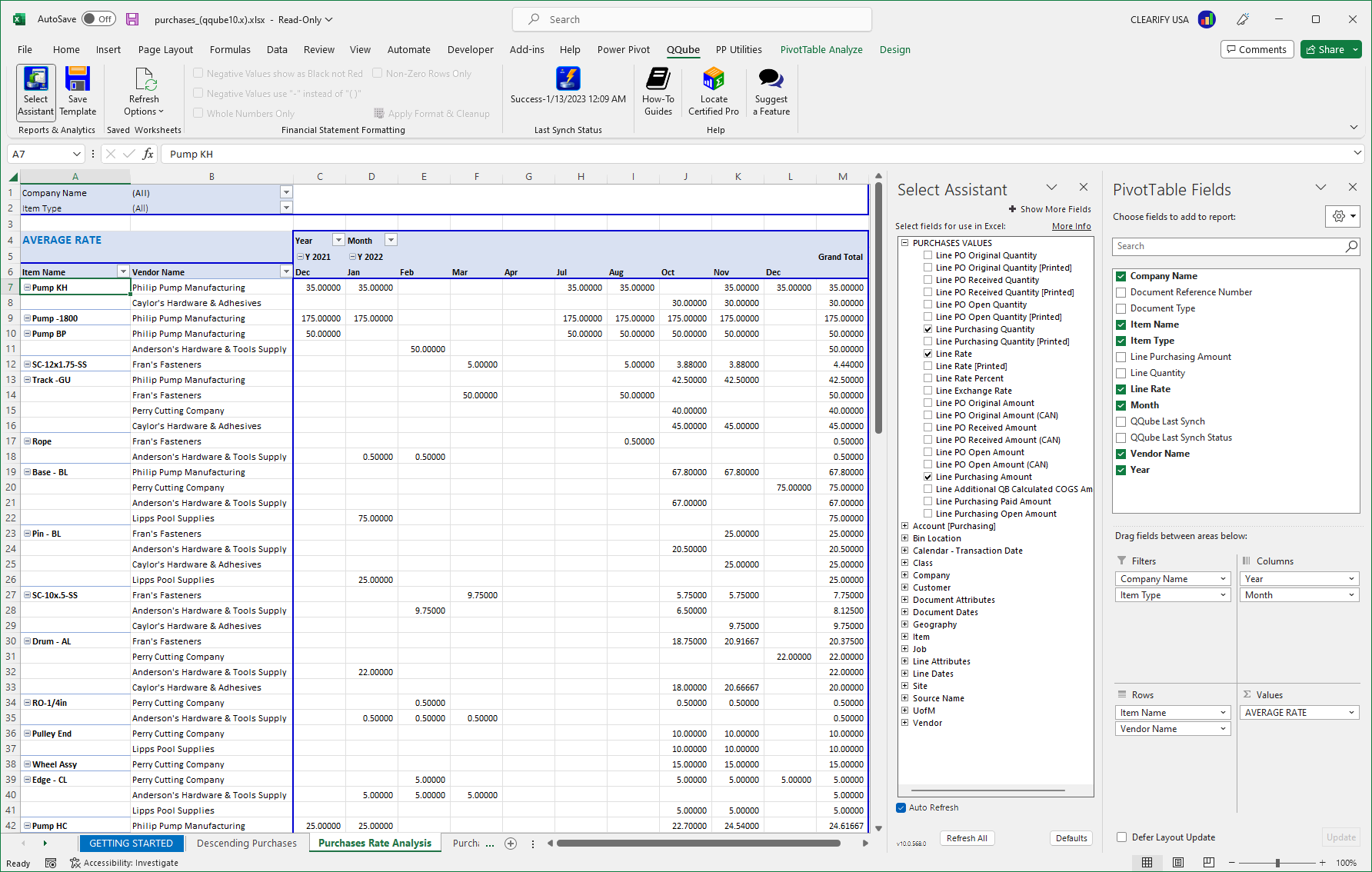 Custom QuickBooks Item Rate History Report using Excel