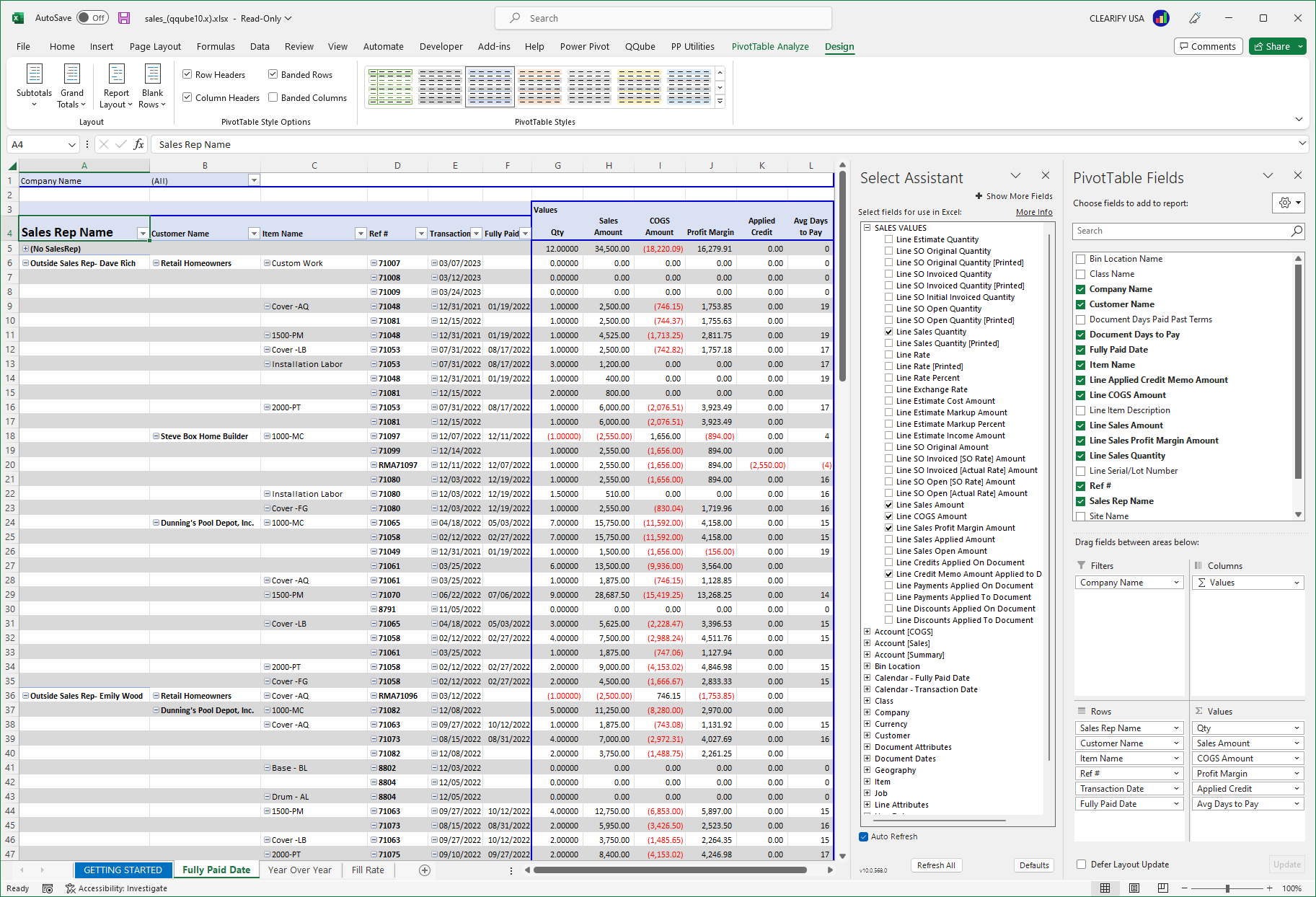 Custom QuickBooks Sales Rep Performance Report using Excel