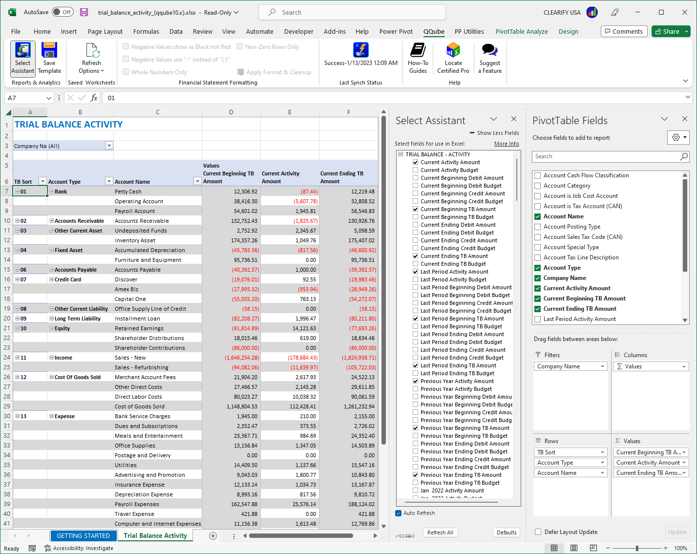 Custom QuickBooks Trial Balance Actvity Report using Excel