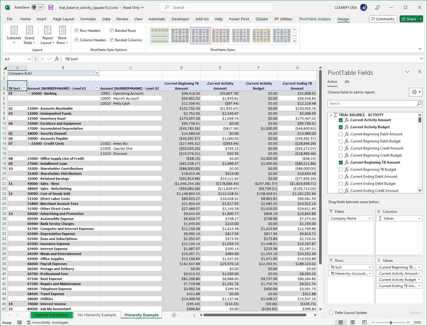 Custom QuickBooks Trial Balance Actvity Report using PowerPivot