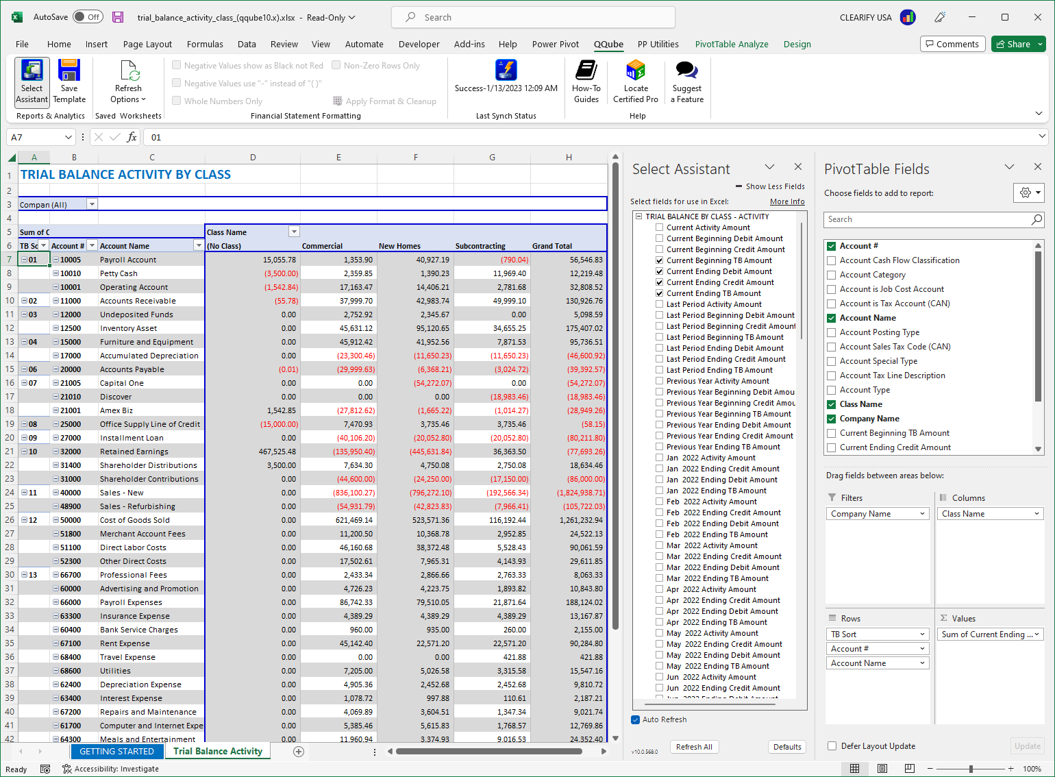 Custom QuickBooks Trial Balance Actvity by Class Report using Excel