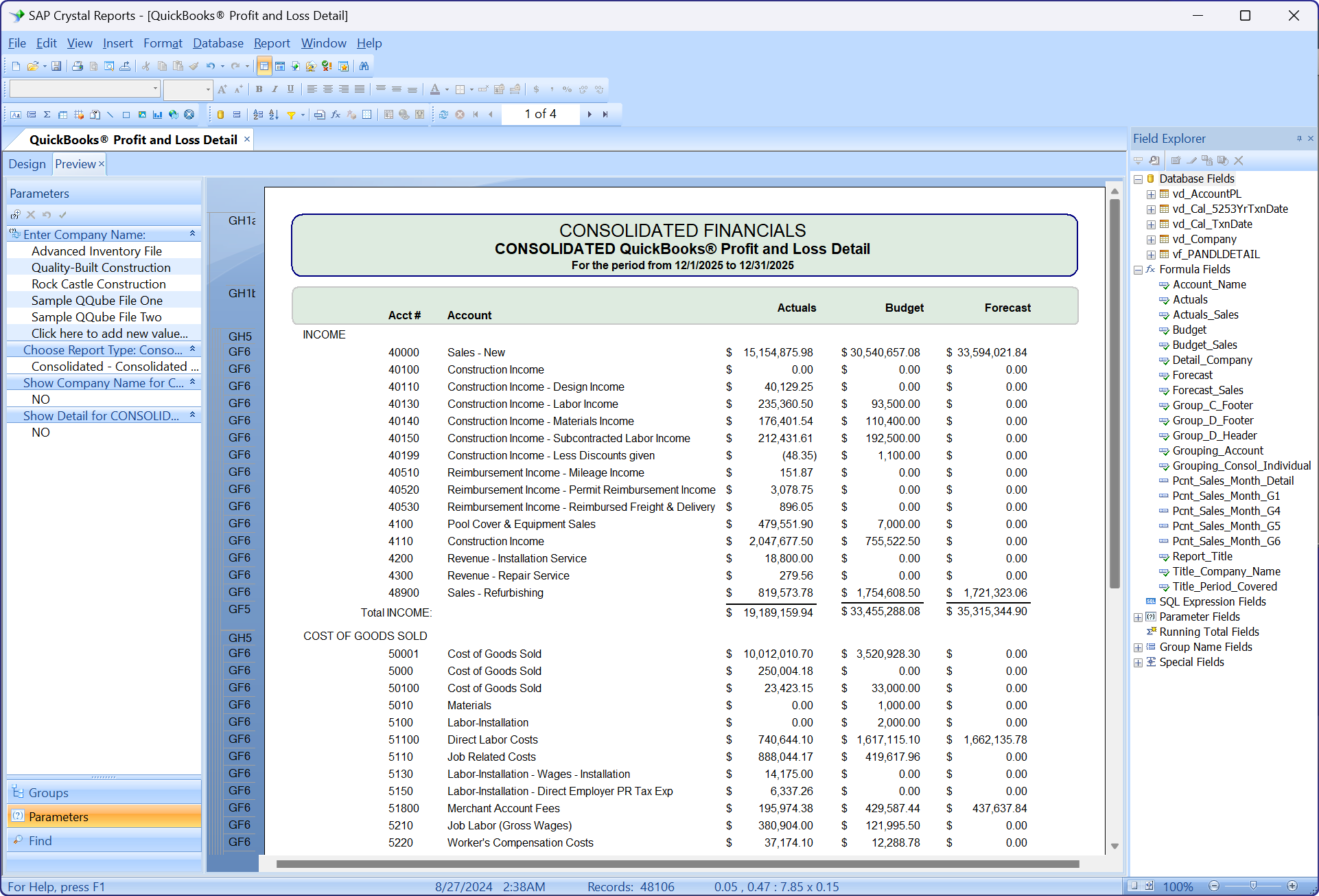 QuickBooks Profit and Loss Data Model in Crystal Reports