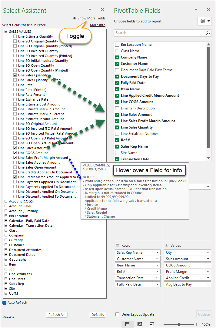 QQube for QuickBooks Excel Add-In to Select Fields