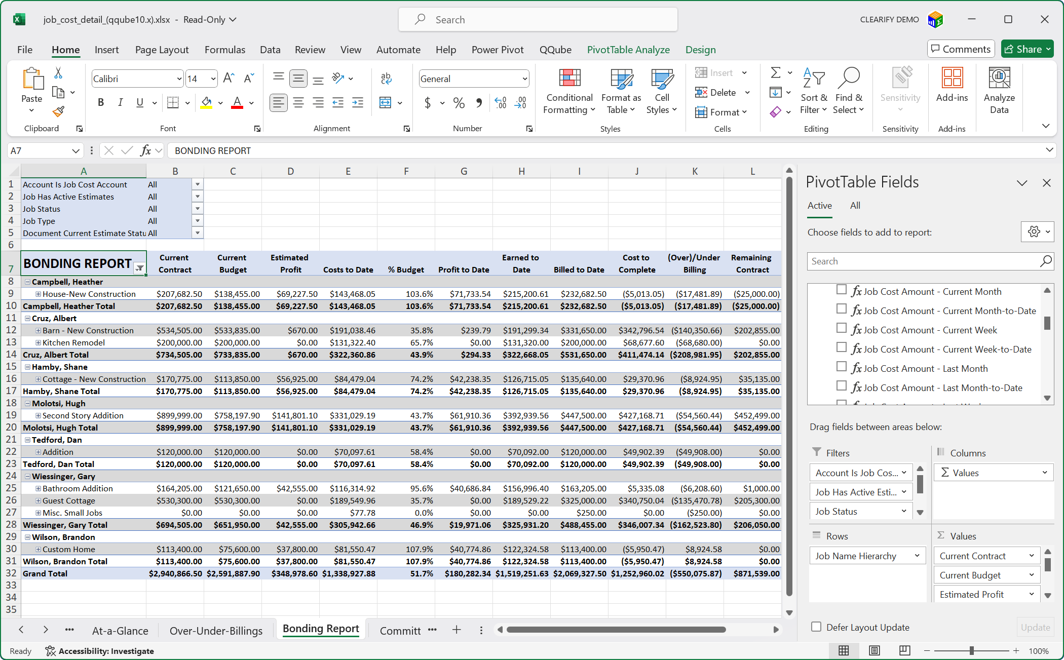 QuickBooks Job Cost Report in PowerPivot using QQube